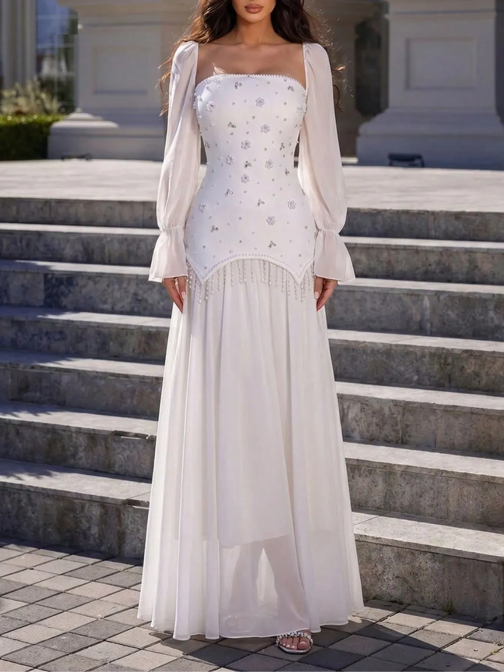 Mamie White Long Sleeve Beaded Maxi Dress