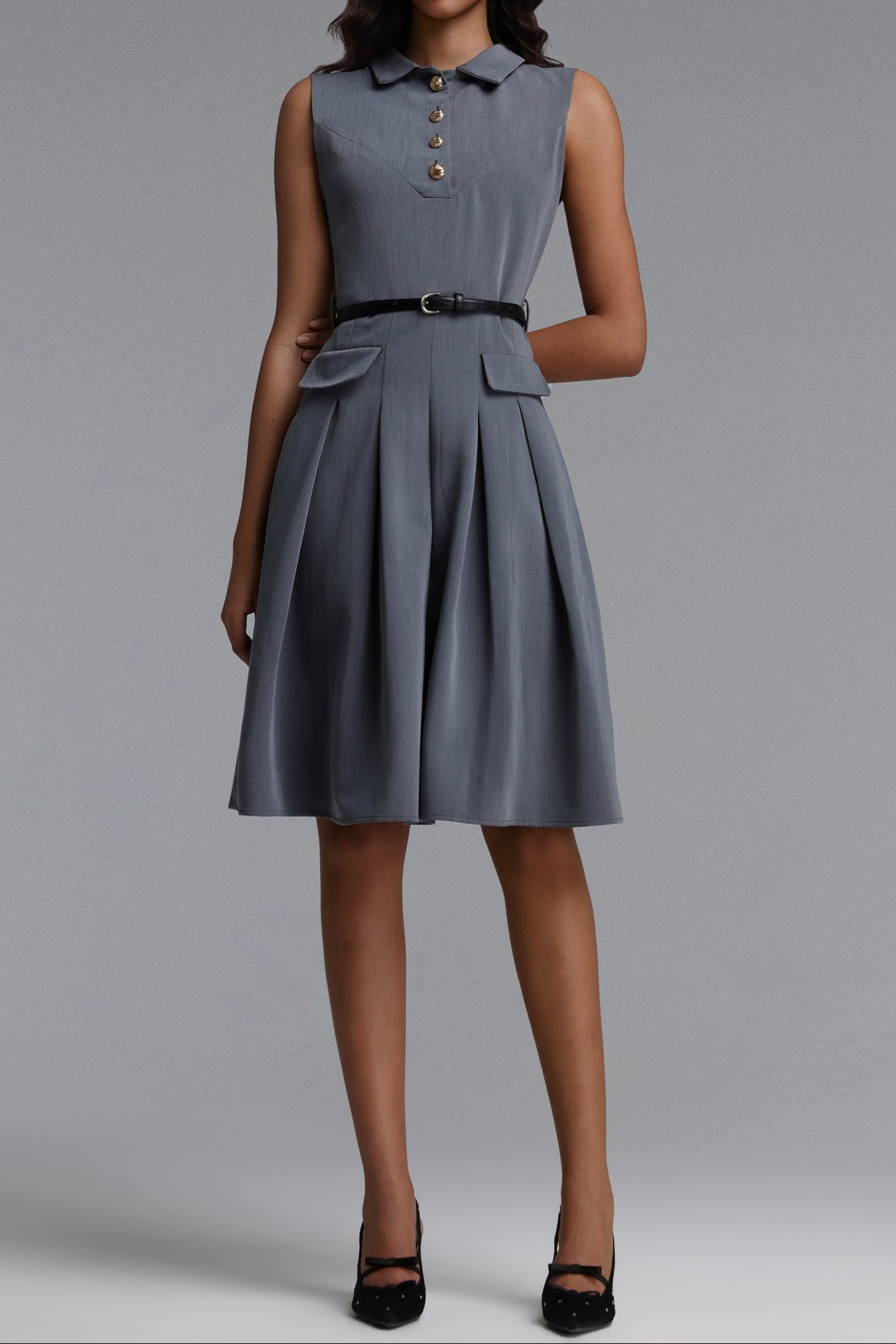 Collared Sleeveless Belted Pleated Midi Shirt Dress