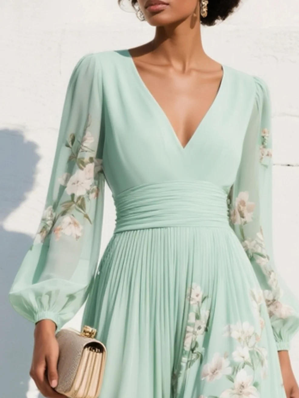 34c5f6861025dcc8c290727d6d2037cd Green Floral Print Chiffon V Neck Long Sleeve Pleated Midi Dress