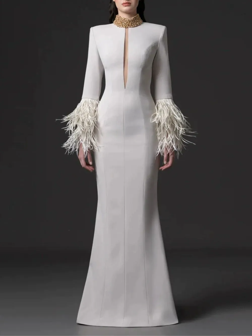 Magalie White Embellished Feather Long Sleeve Maxi Dress