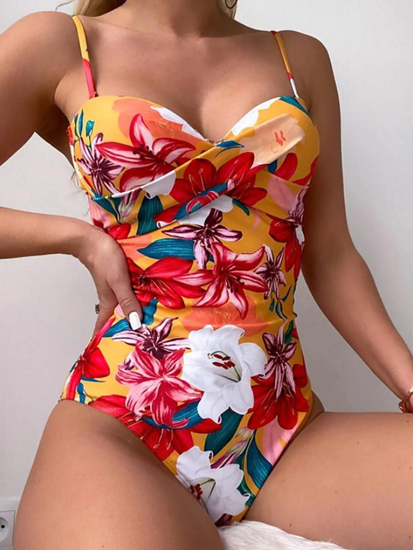 Floral Print Pleated Strap Bikini