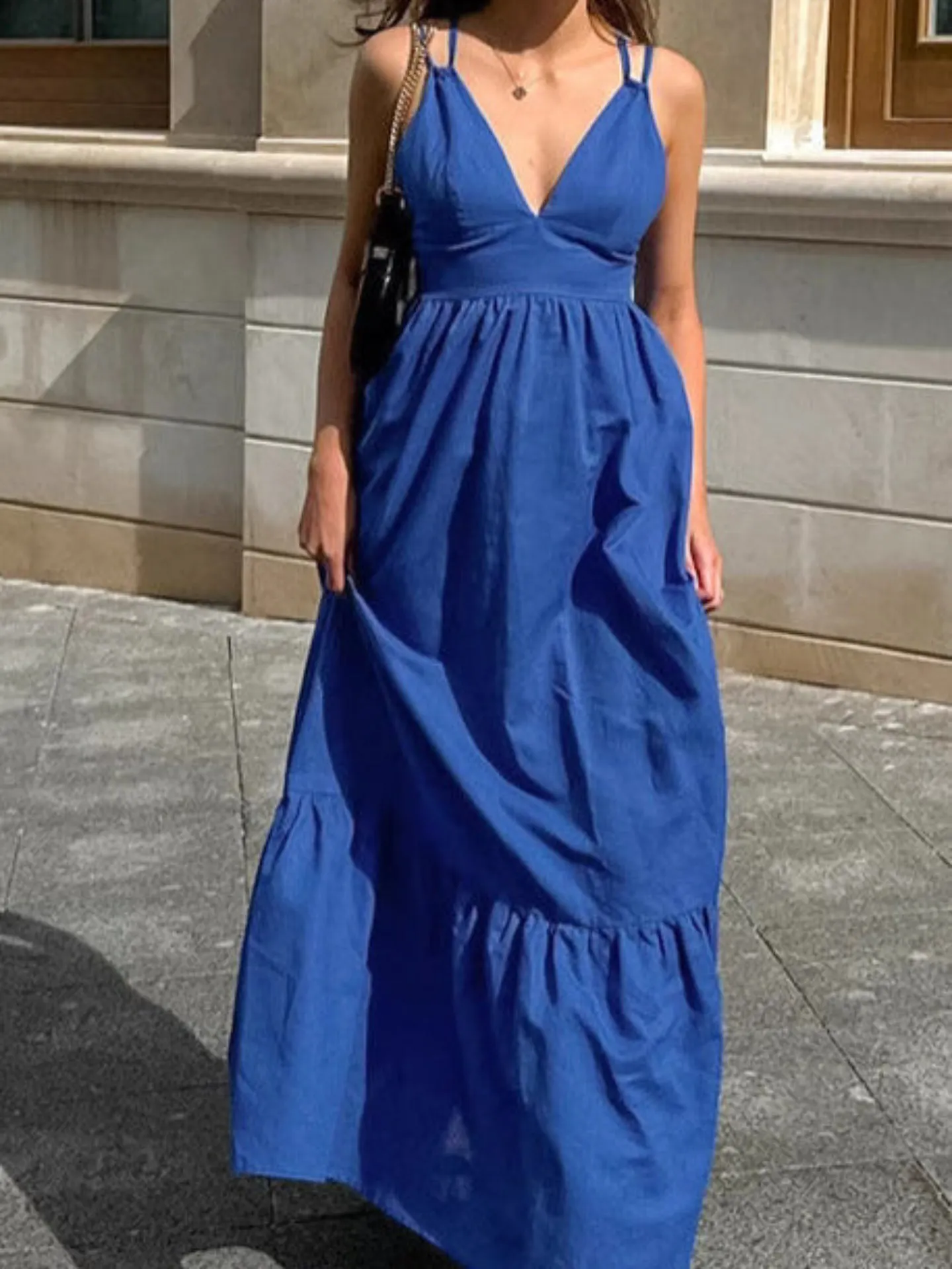 Blue V-Neck Camisole Linen A-Line Maxi Dress