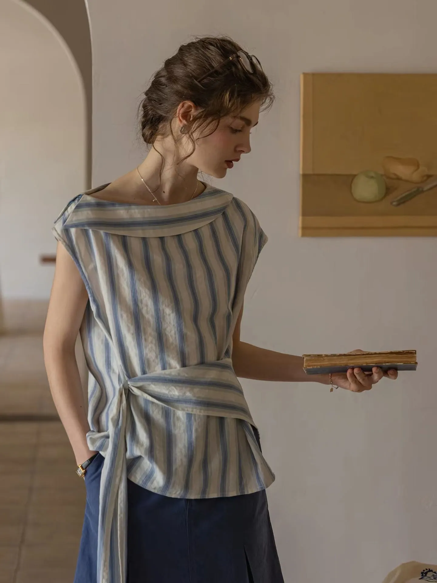 Cross-Shoulder Off-Shoulder Off-Line Cotton Woven Jacquard Striped Shirt