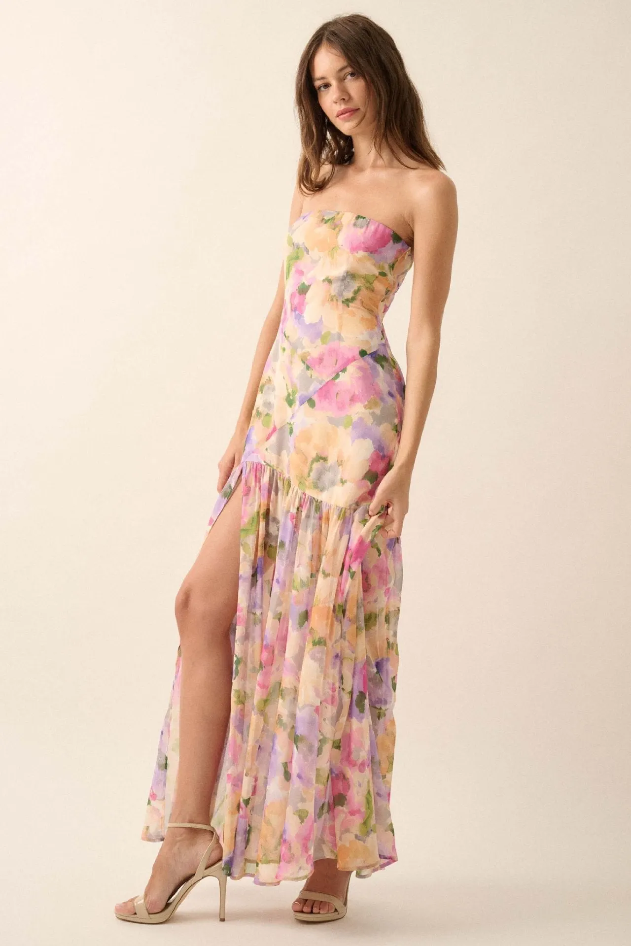 Off-Shoulder Floral Print High Slit Pleated Mesh Maxi Dress