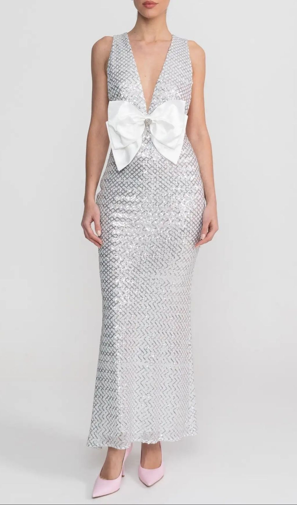 Sequin Maxi Dress With Satin Bow Detail - Light Grey