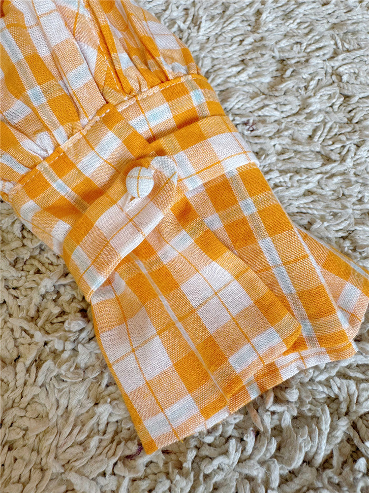 Orange Plaid V-Neck Long-Sleeve Cotton Dress