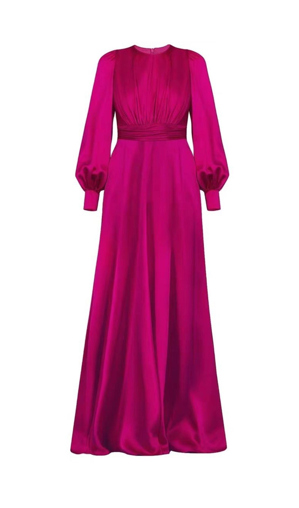 Fuchsia Satin Long Sleeve Maxi Dress With Gathered Waist - OWNCI
