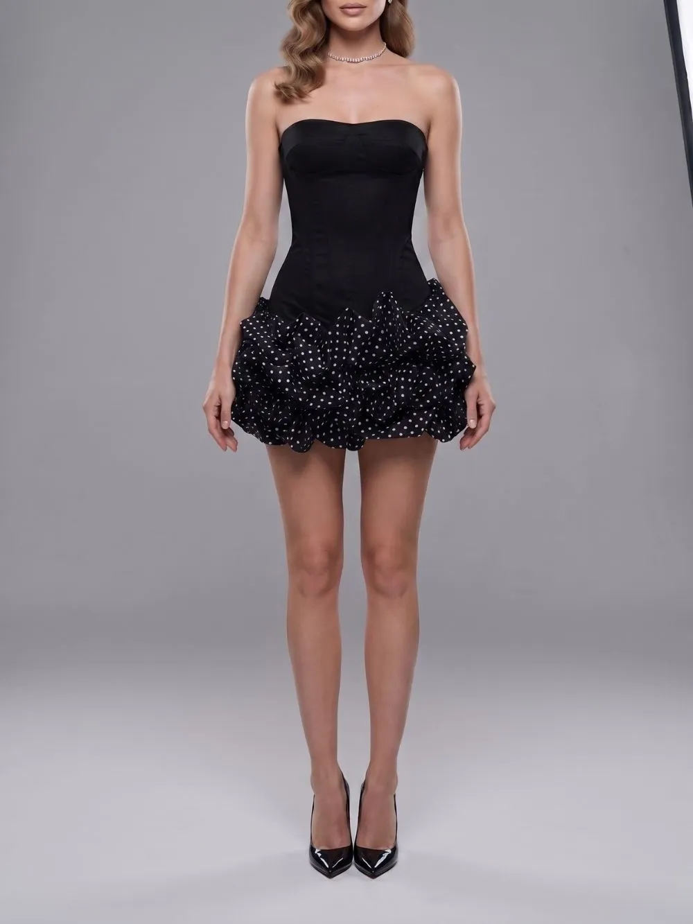 Maleni Black Strapless Bustier Polka Dot Bubble Dress - OWNCI Maleni Black Strapless Bustier Polka Dot Bubble Dress - OWNCI