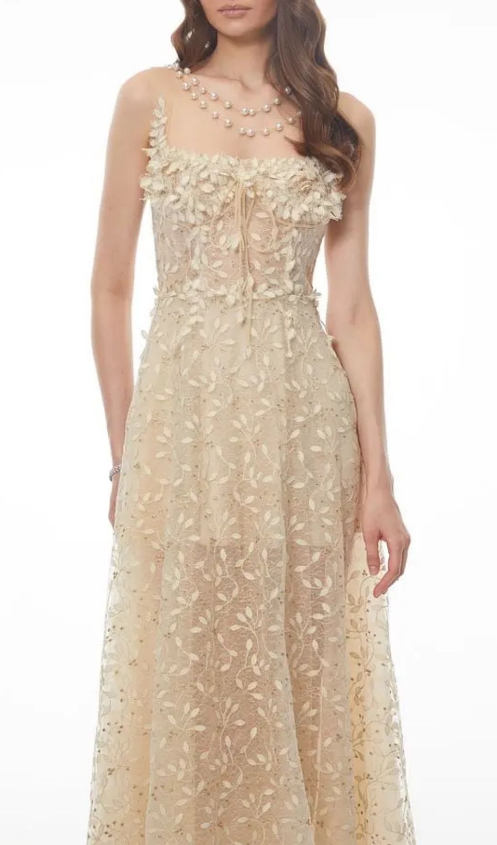 Gabriella Champagne Tulle Maxi Dress With 3D Petals