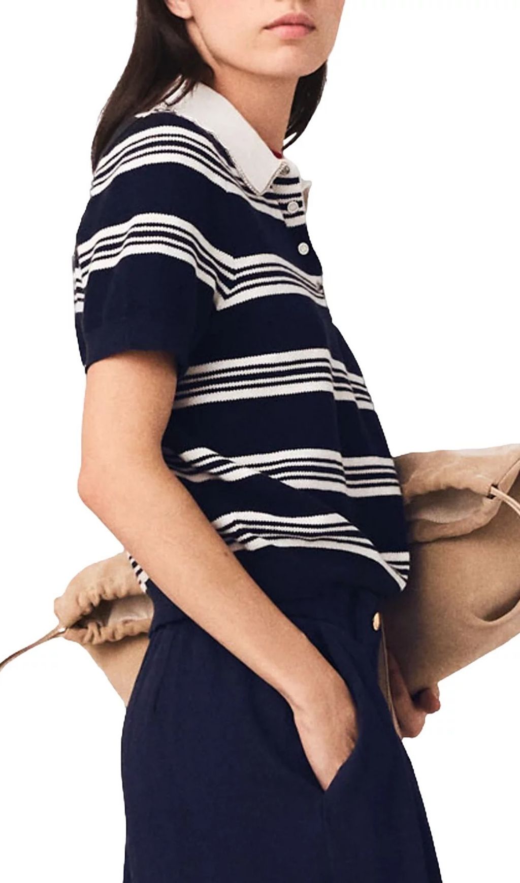 Fashionslee Women Striped Rhinestone Collar Polo