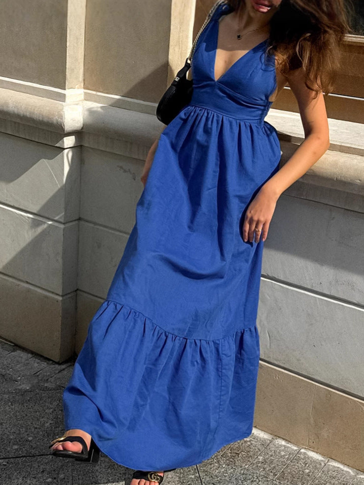 Blue V-Neck Camisole Linen A-Line Maxi Dress