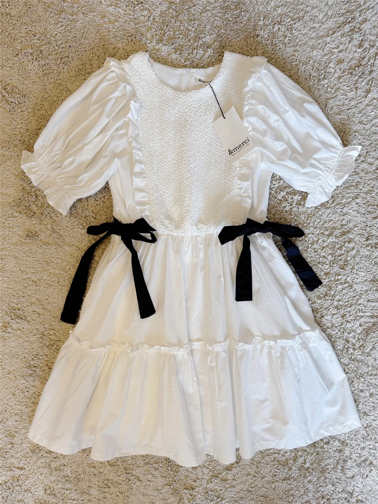 Bow Ruffled Lantern Sleeve Pocket Cotton Dress