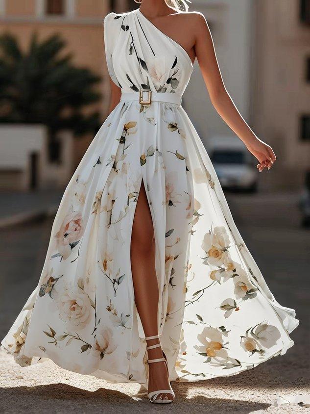 38267c3ab53d6a07f64568437a50426b Light Green Floral Ruched One Shoulder A-Line Maxi Chiffon Dress