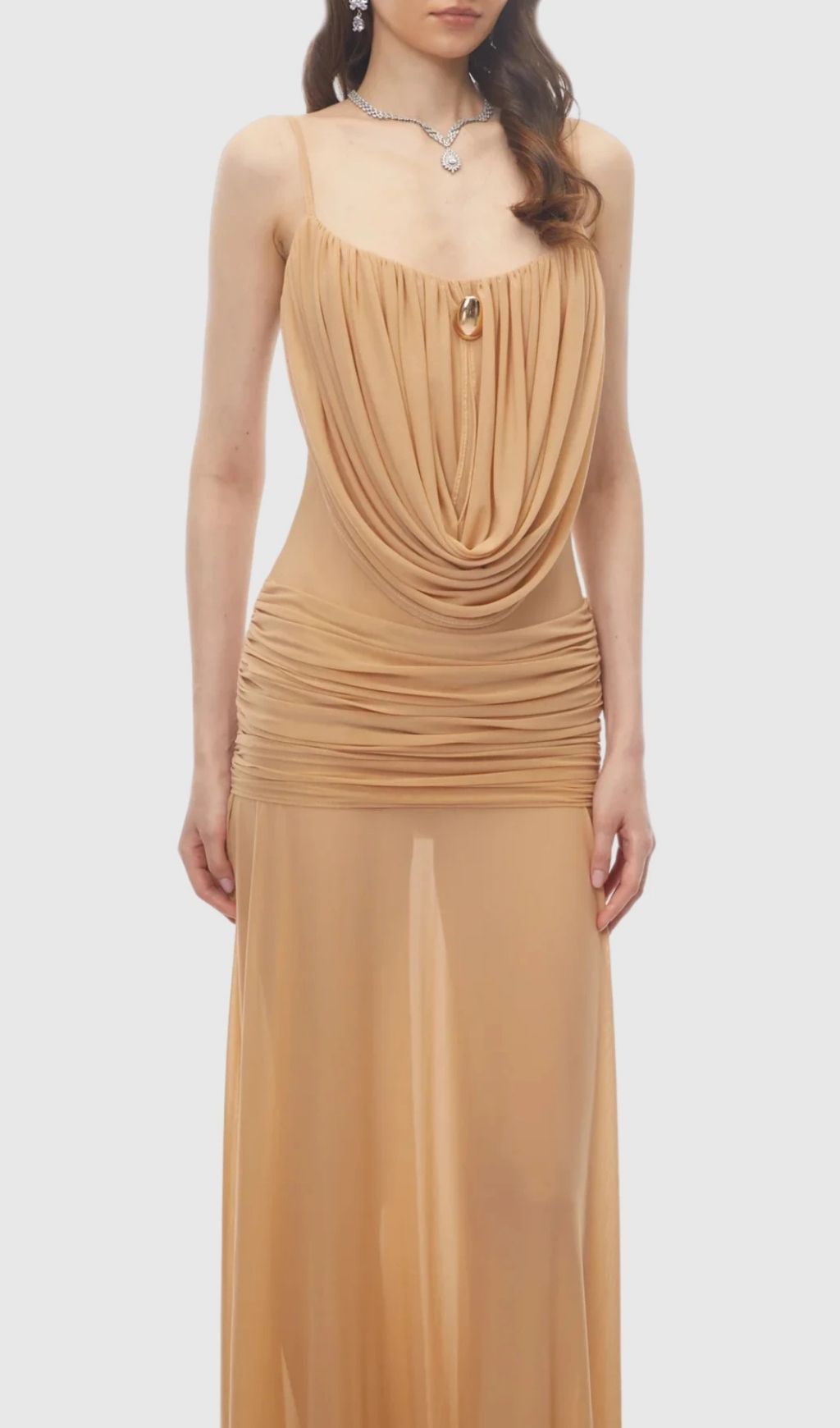3829e9562717f2d6520b34a5cacc654c Neraos Draped Ruched Maxi Dress - Beige