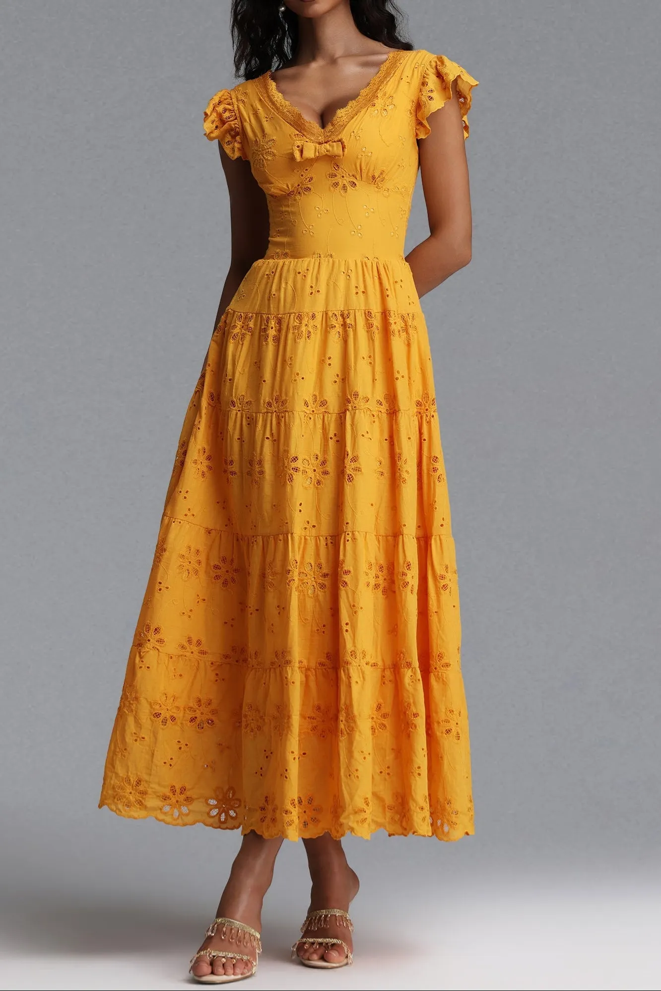 Scallop V-Neck Ruffle Sleeve Eyelet Tiered Midi Dress