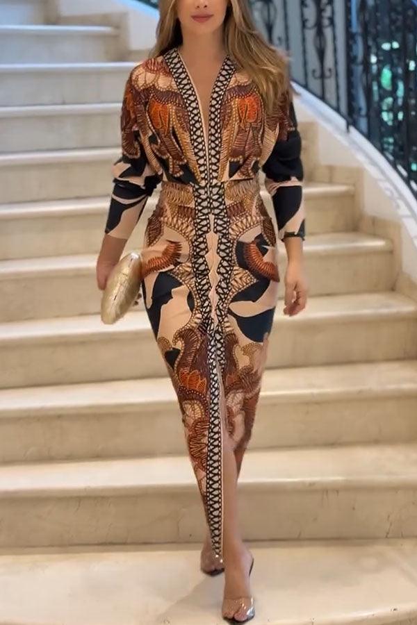 Unique Print Dolman Long Sleeve Ruched Slit Midi Dress - OWNCI Unique Print Dolman Long Sleeve Ruched Slit Midi Dress - OWNCI