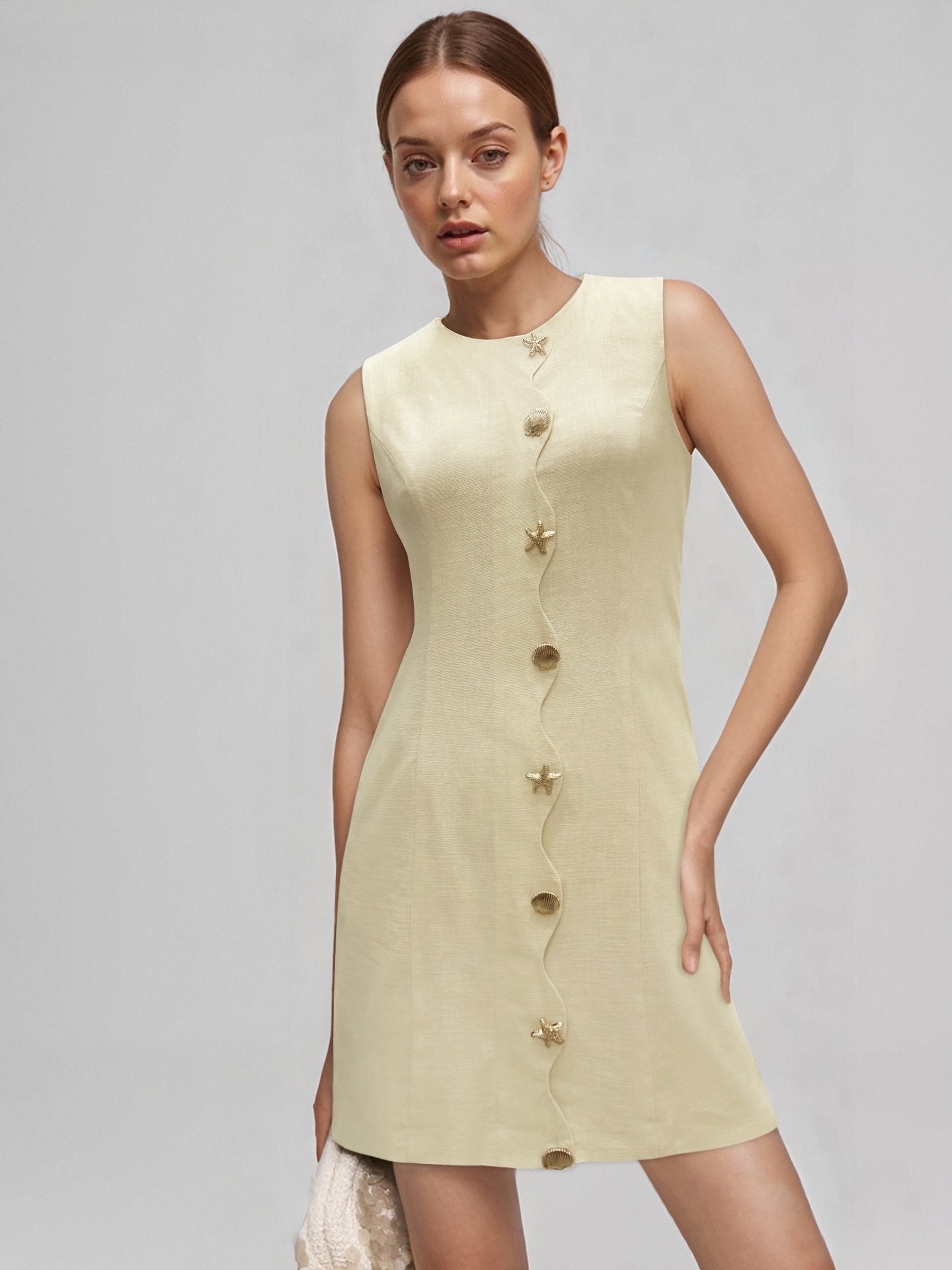 388c4fcb8c56f1ea6528a2bbe082fc5a Pale Yellow Sleeveless Round Neck Star Shell Button Straight Mini Dress