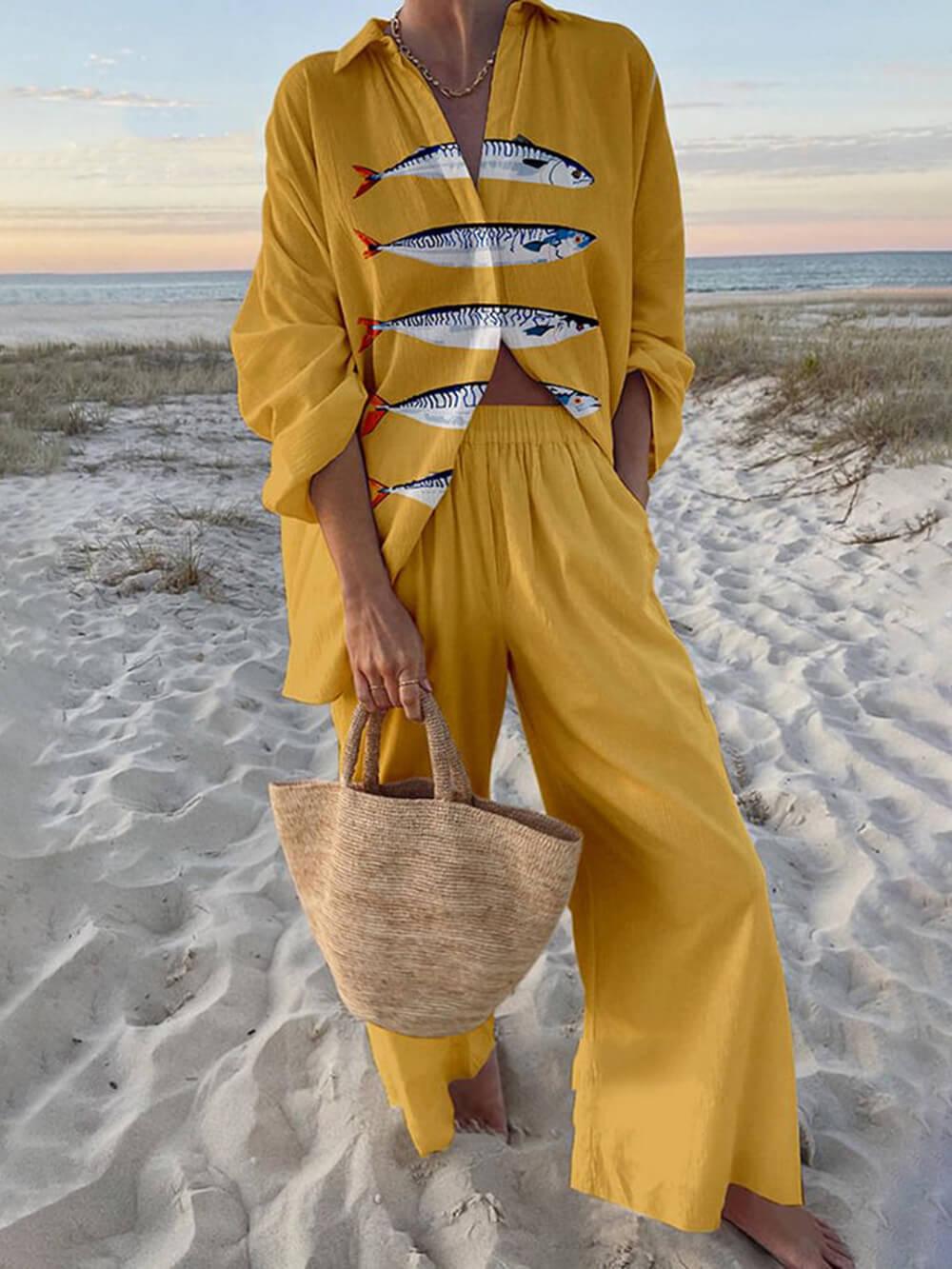 38c5965bc8131fac83e860c04a12ca80 Ocean Print Oversized Shirt and Elastic Waist Pocket Pants Set