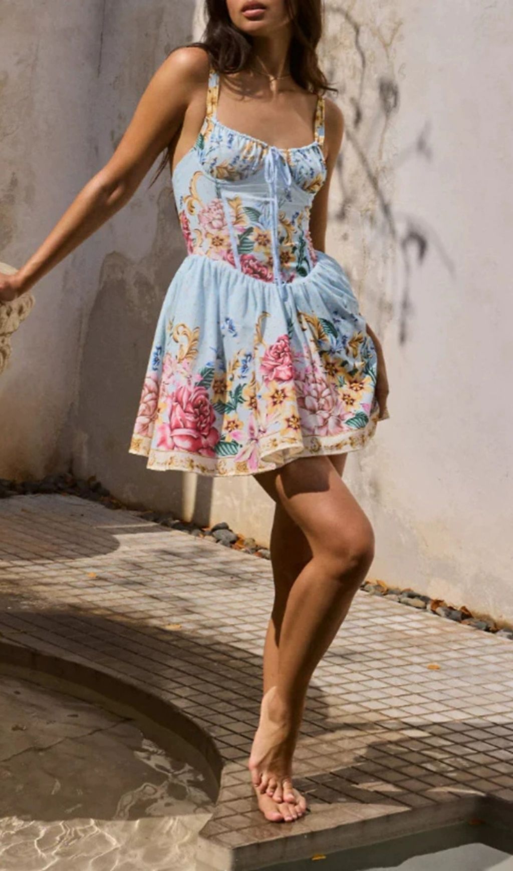 Fashionslee Women Léora Blue Strappy Floral Corset Mini Dress