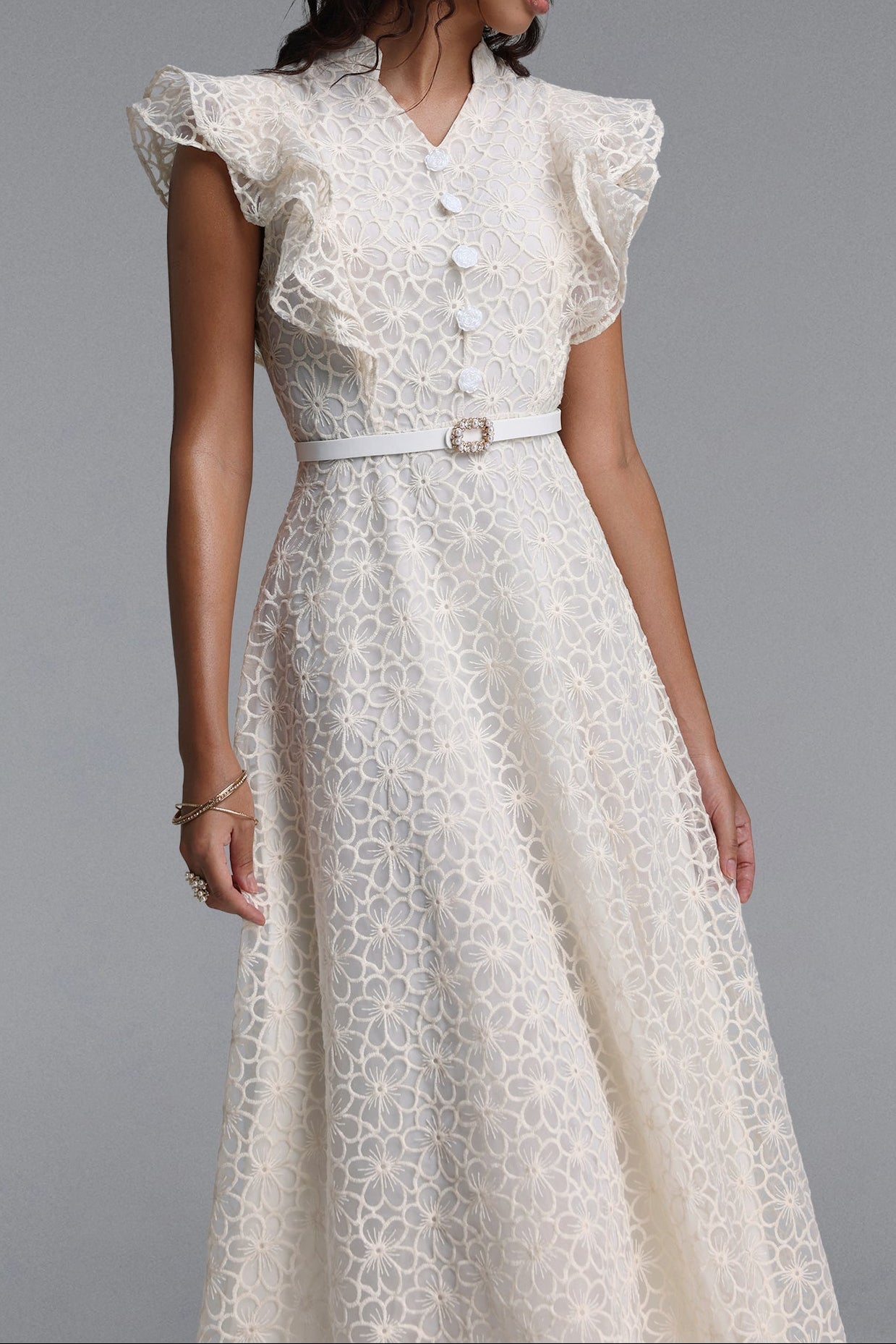 39741e4781fa15dee770c16eebaae36d Mandarin Collar Ruffle Sleeve Floral Lace Midi Dress With Belt