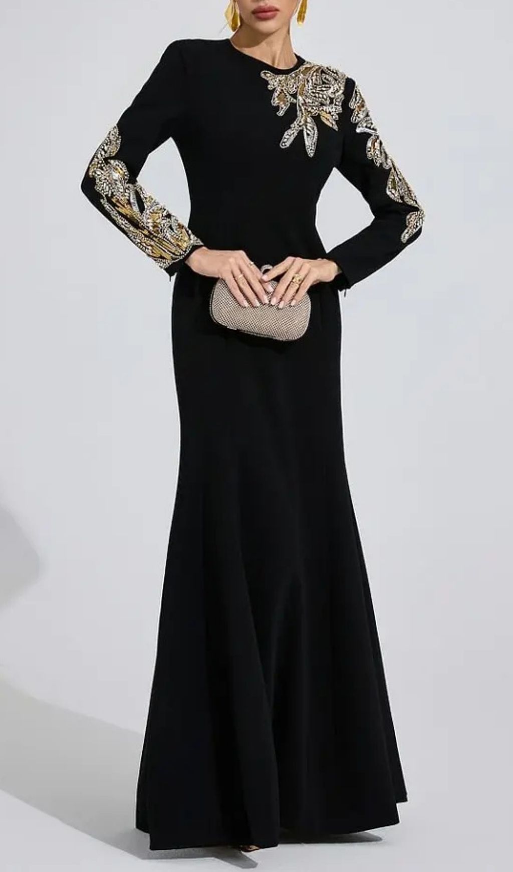 39caa1844ed0a8e5c544df4f694cfab5 Rebecca Black Rhinestone Embellished Long Sleeve Maxi Dress