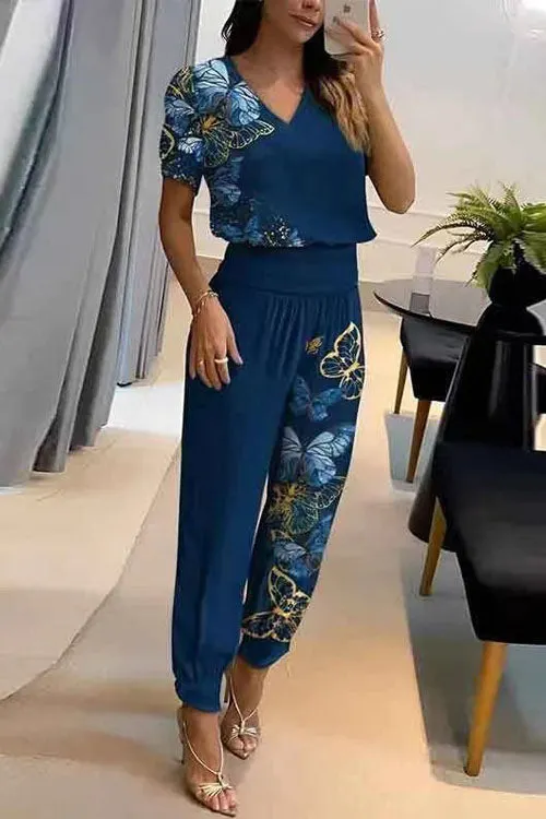 Casual V-Neck Printed Short Sleeve Long Pants Two-Piece Set - OWNCI