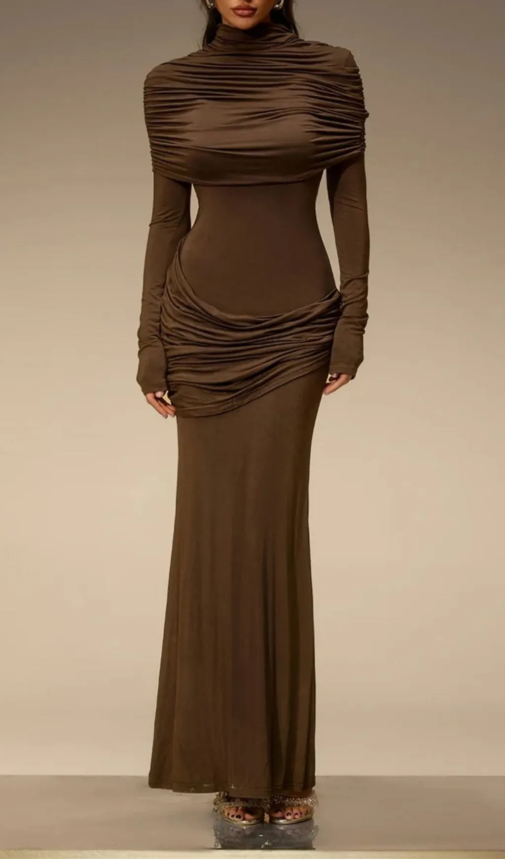Fashionslee Women Cavero Cape Ruched Maxi Dress