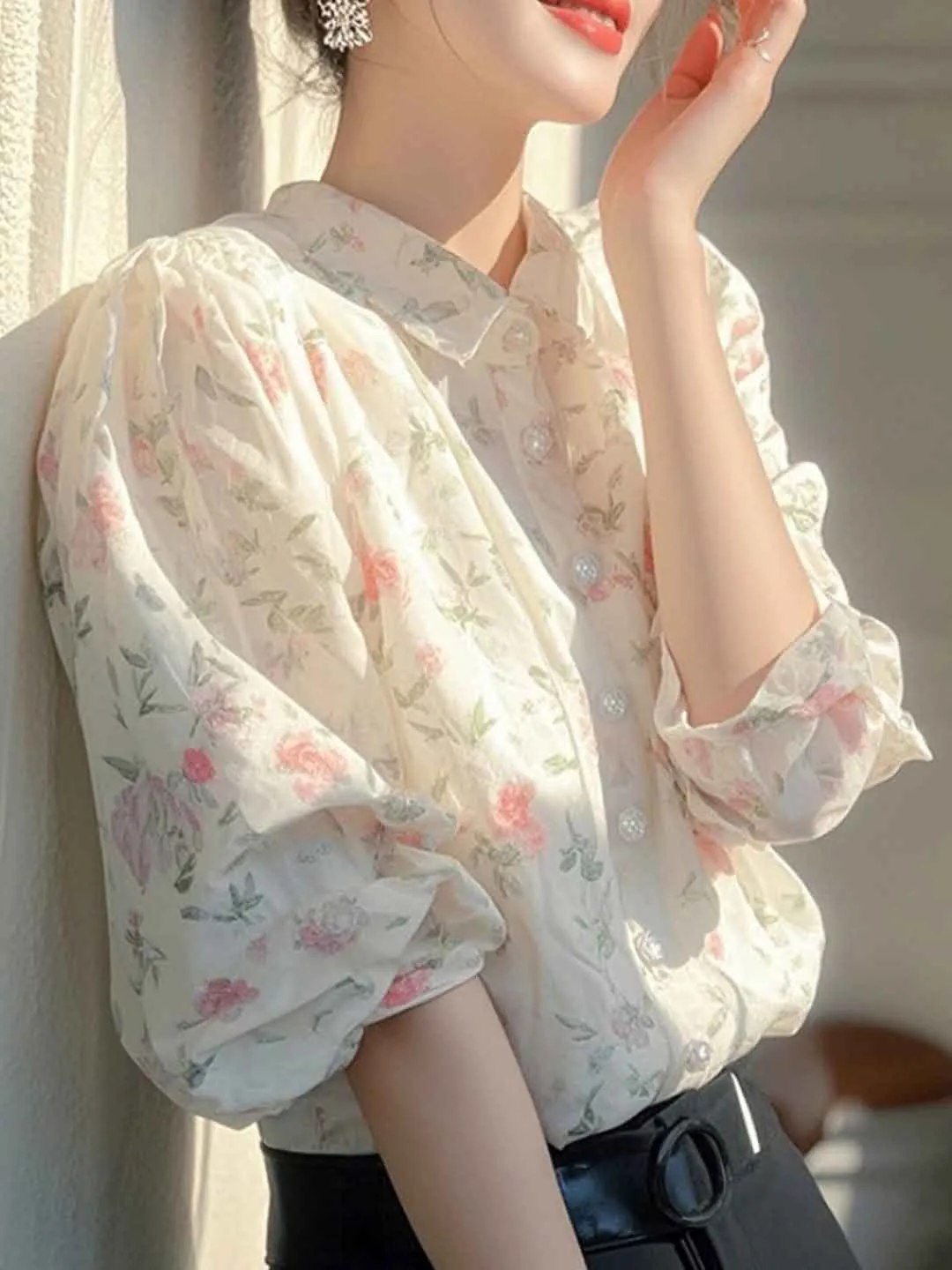 Josephine Lapel Floral Printed Chiffon Blouse