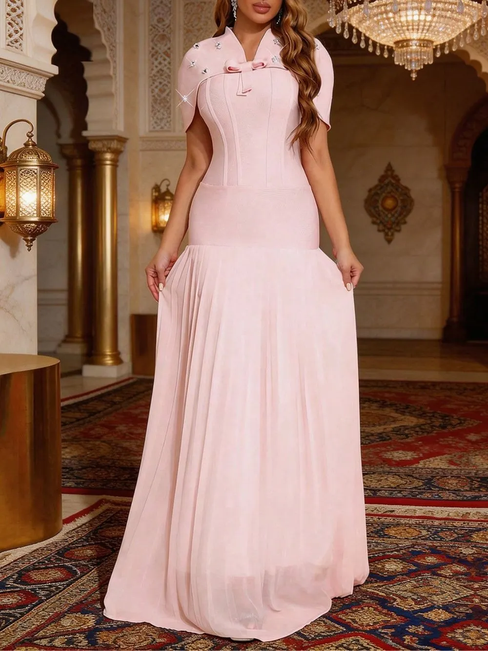 Makiko Pink Bandage Maxi Dress With Beaded Cape