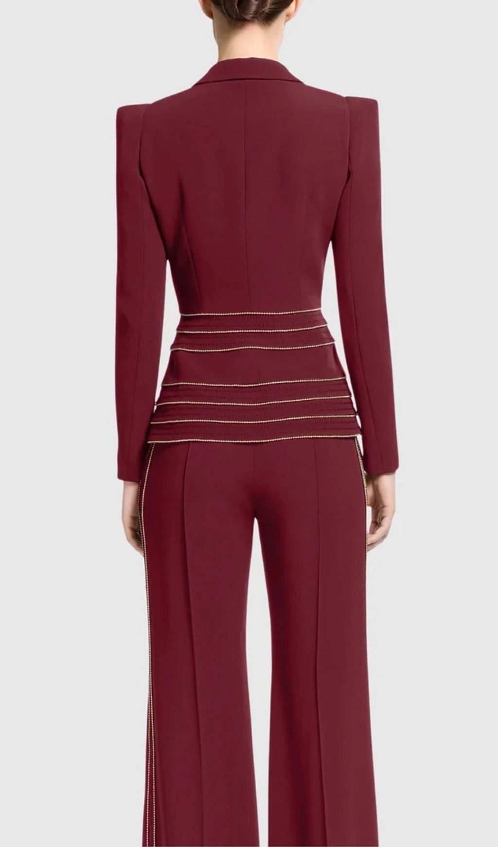 Sandy Trim Embellished Blazer & Pants Set - Wine