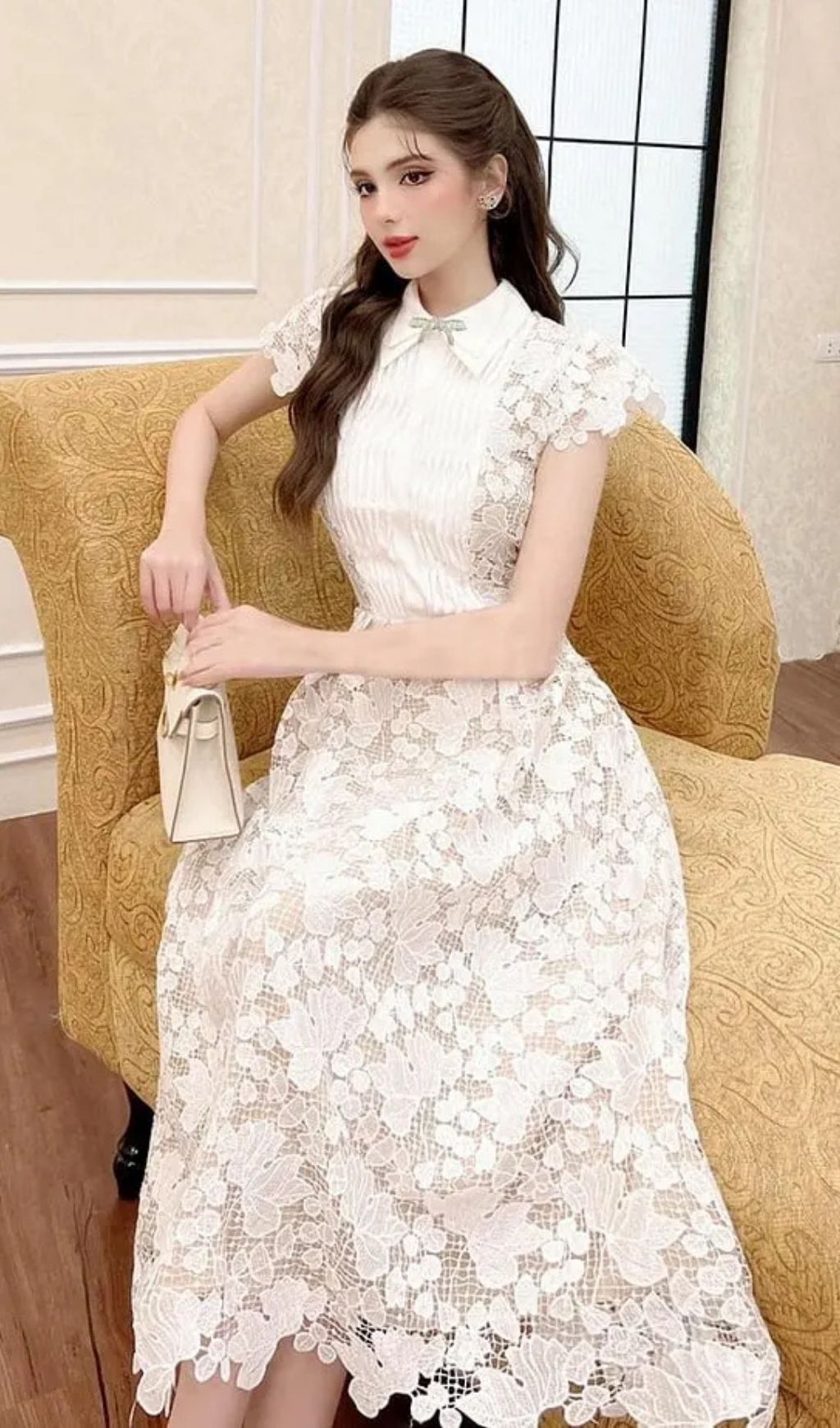 Leila White 3D Flower Embroidery Bow Lace Midi Dress