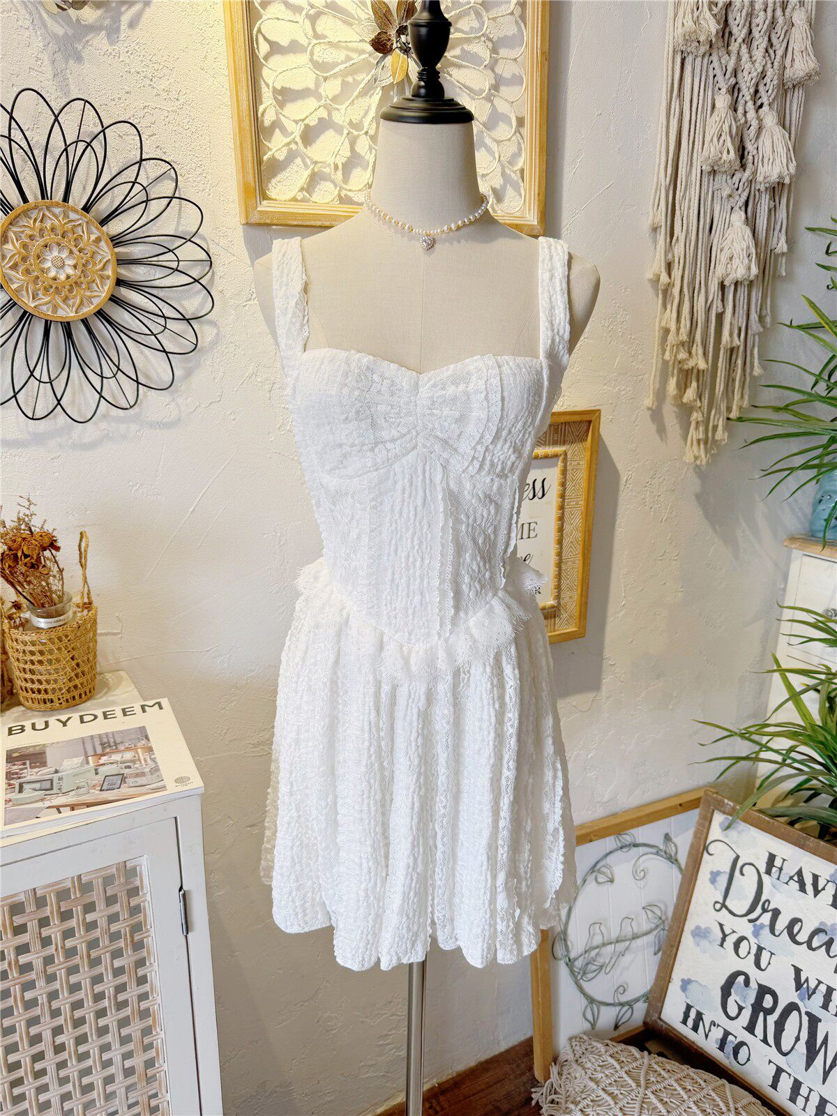 White Ruffled Lace Heart Neck Slip Dress