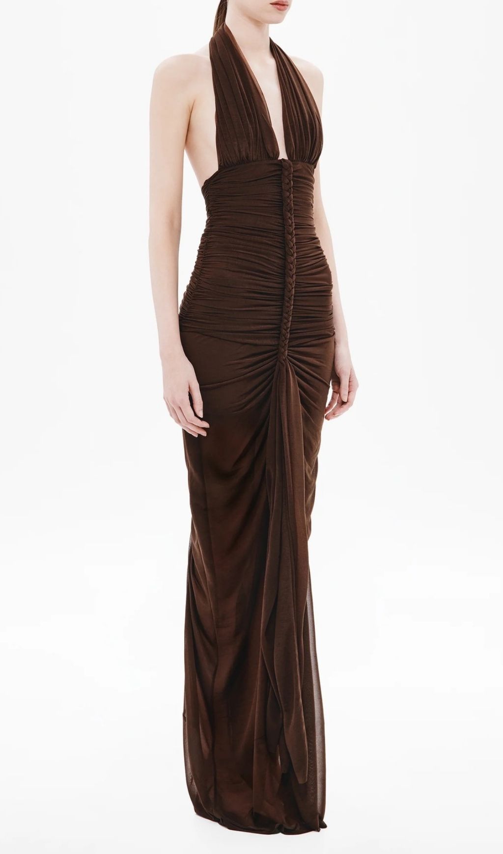 3b536412d994b4f15255bdc9e463398b Nancy V-Neck Pleated Braided Bodycon Maxi Dress - Brown