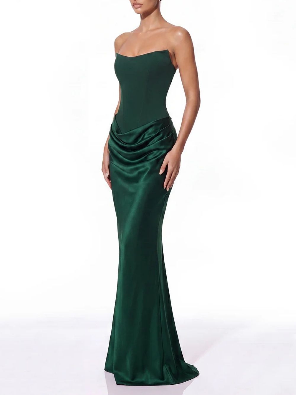 3b830462e9e93cbce59a735498835a87 Vallissa Strapless Satin Maxi Dress In Emerald