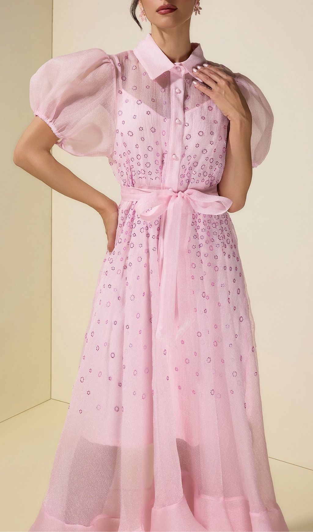 3b8f3ffd71546f369aac3fbaa2e0ba94 Sylvia Rhinestone Puff Sleeve Maxi Dress With Belt - Pink