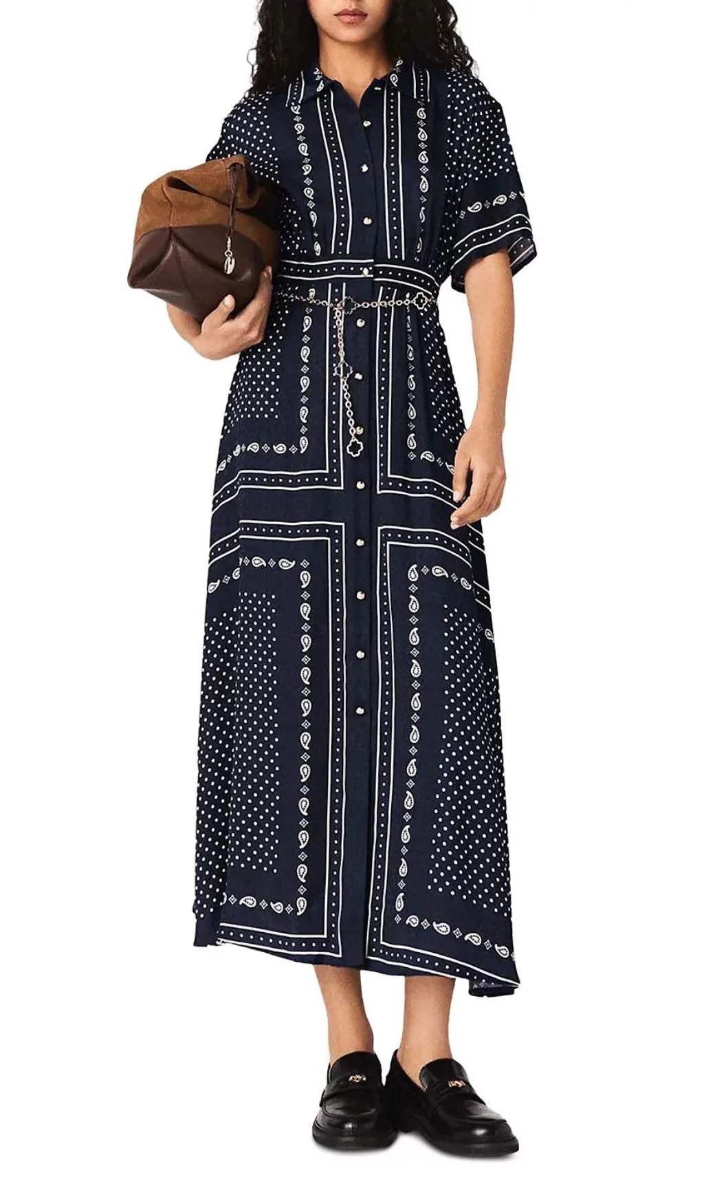 Fashionslee Women Bandana Print Chain Belt Shirtdress
