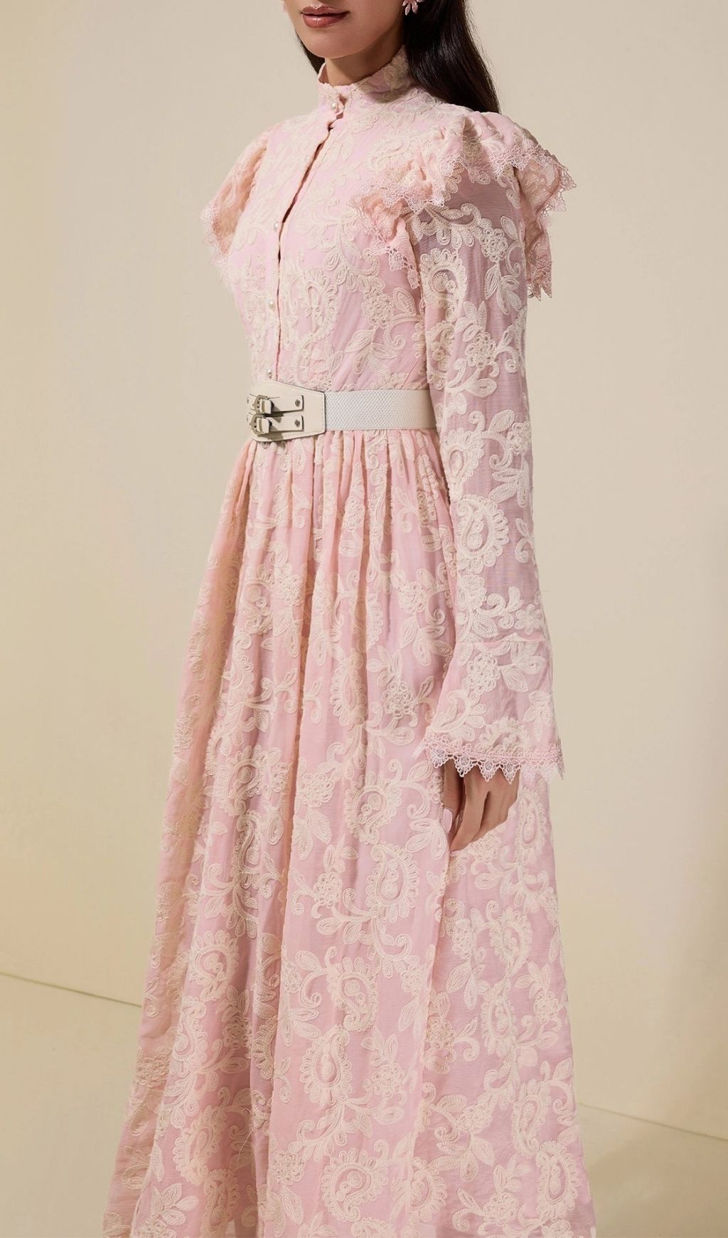 3bd54c815d5bd49570eb607889d76b06 Alma Chiffon Embroidered Single Breasted Midi Dress With Belt - Pink