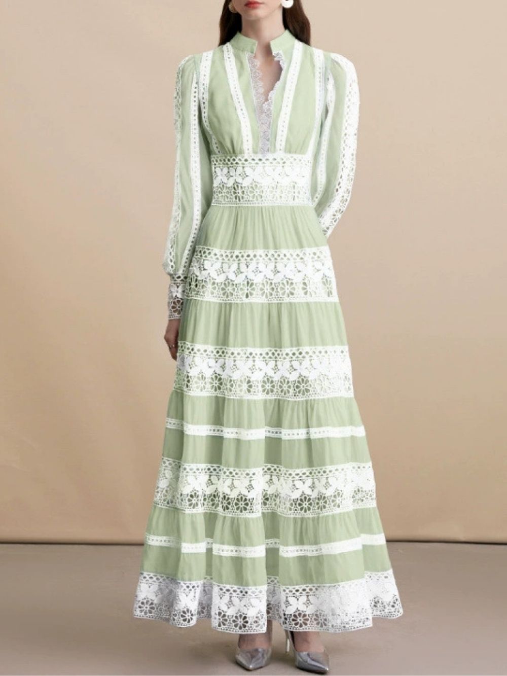 3be42d8a414decc7ec36154e34a4e8c6 Mahnaz Green Lace Long Sleeve Maxi Dress