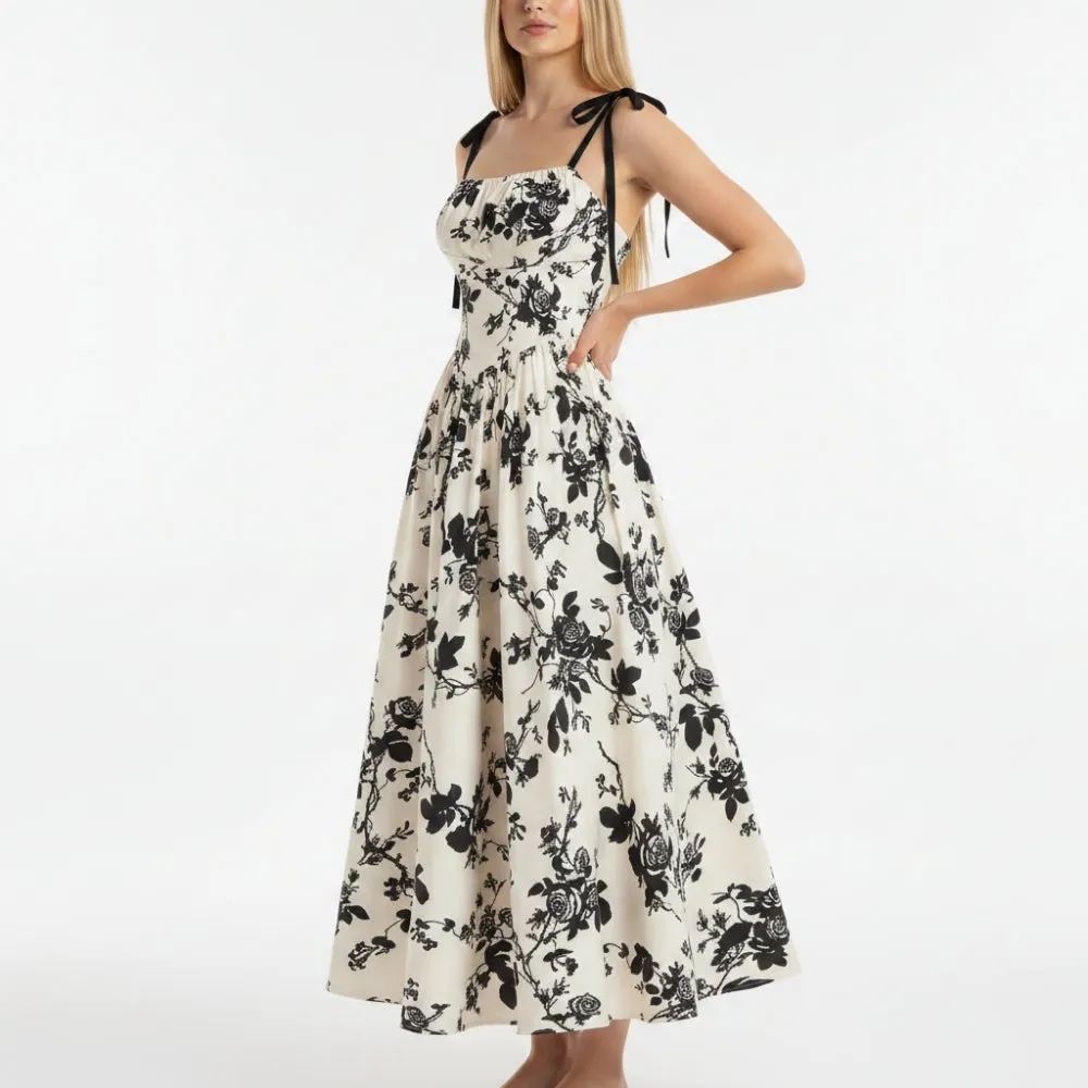 Smocked Floral Square Neck A-line Midi Dress - OWNCI