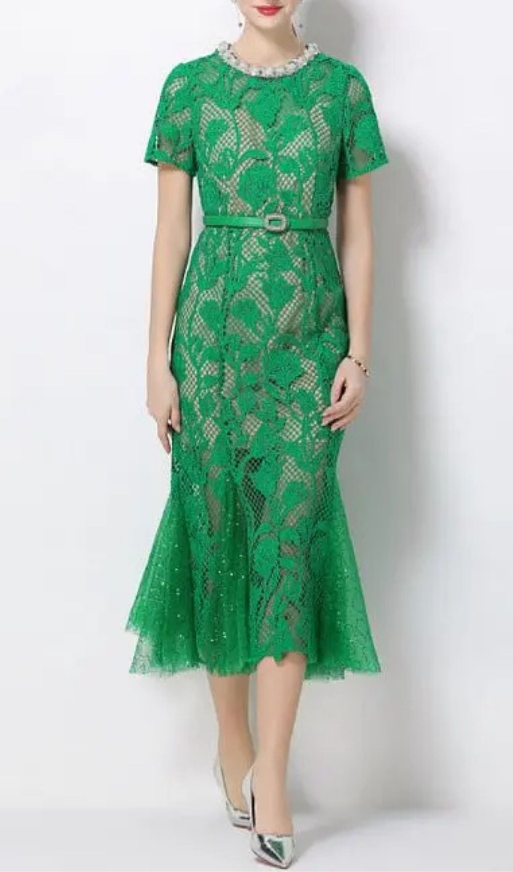 Rhinestone Flower Hollow Lace Fishtail Midi Dress - Green