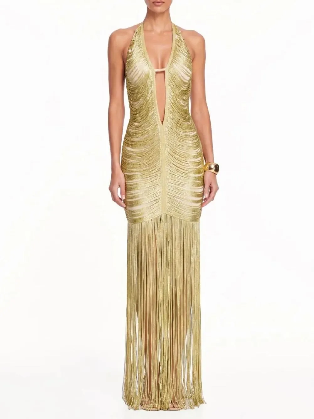 Fashionslee Women Rethix Plunge Neck Fringe Maxi Dress