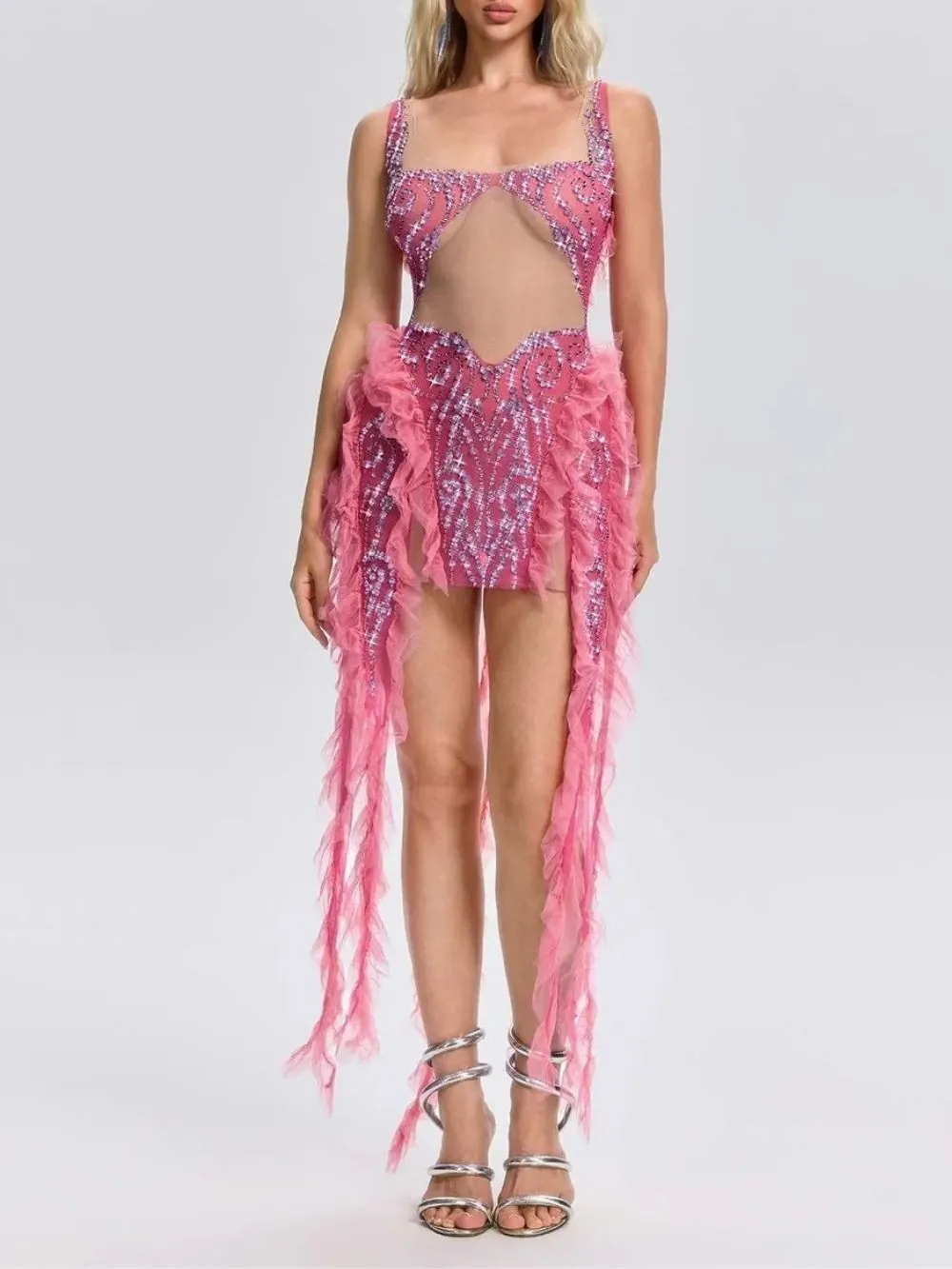 Ulrican Crystal Ruffle Mesh Mini Dress