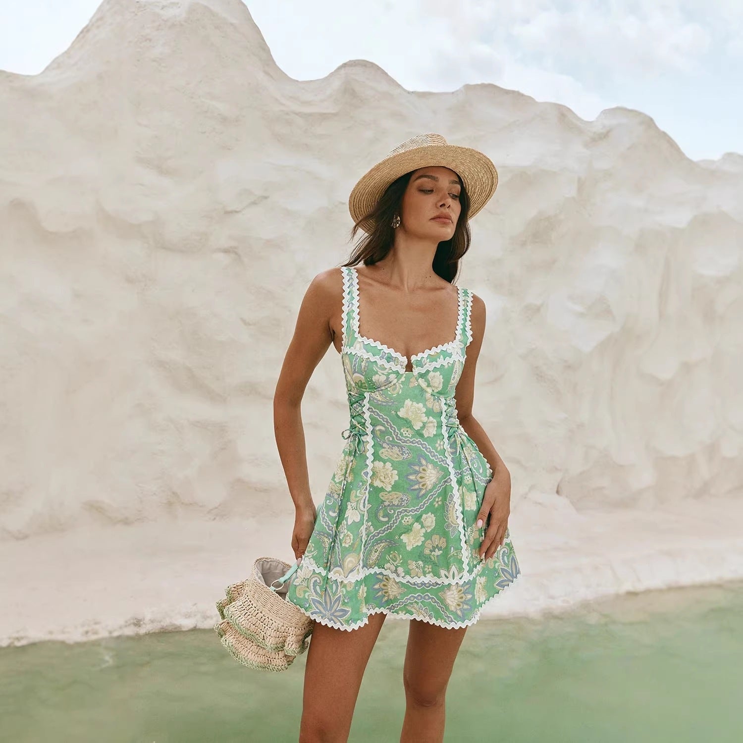 Green Linen Sleeveless Camisole Lace Dress