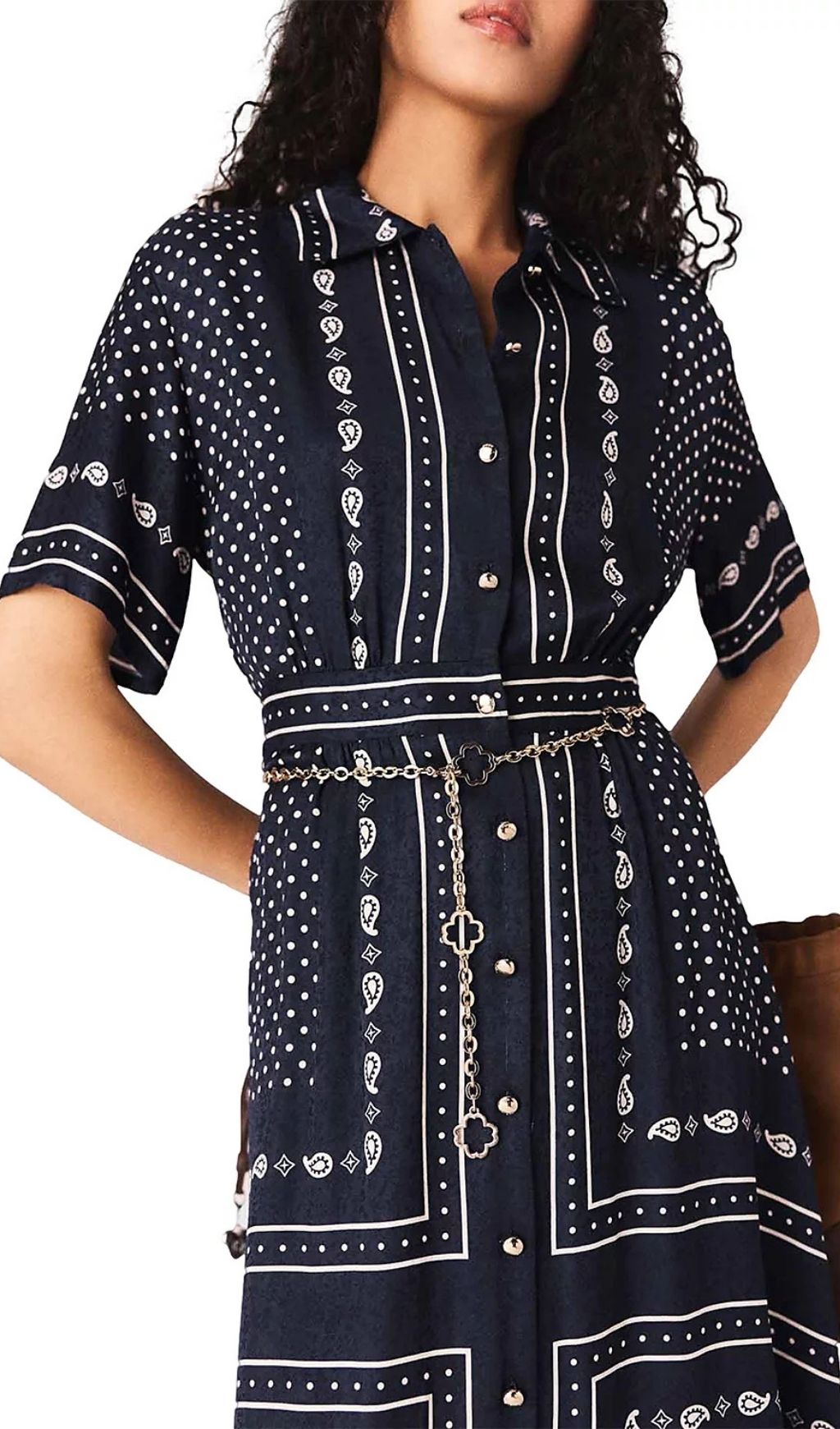 Fashionslee Women Bandana Print Chain Belt Shirtdress