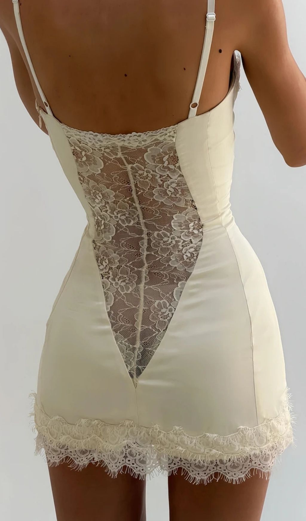 Lorraine White Satin Mini Dress With Lace Panels