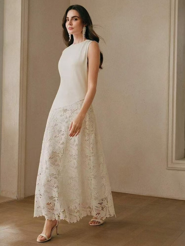 Crew Neck Lace Patchwork Sleeveless Maxi Dress - Beige