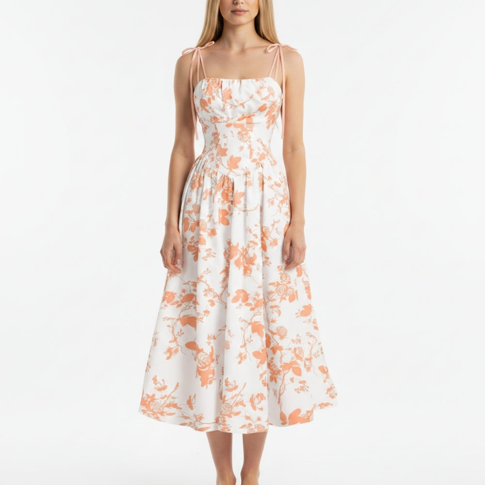 Smocked Floral Square Neck A-line Midi Dress - OWNCI