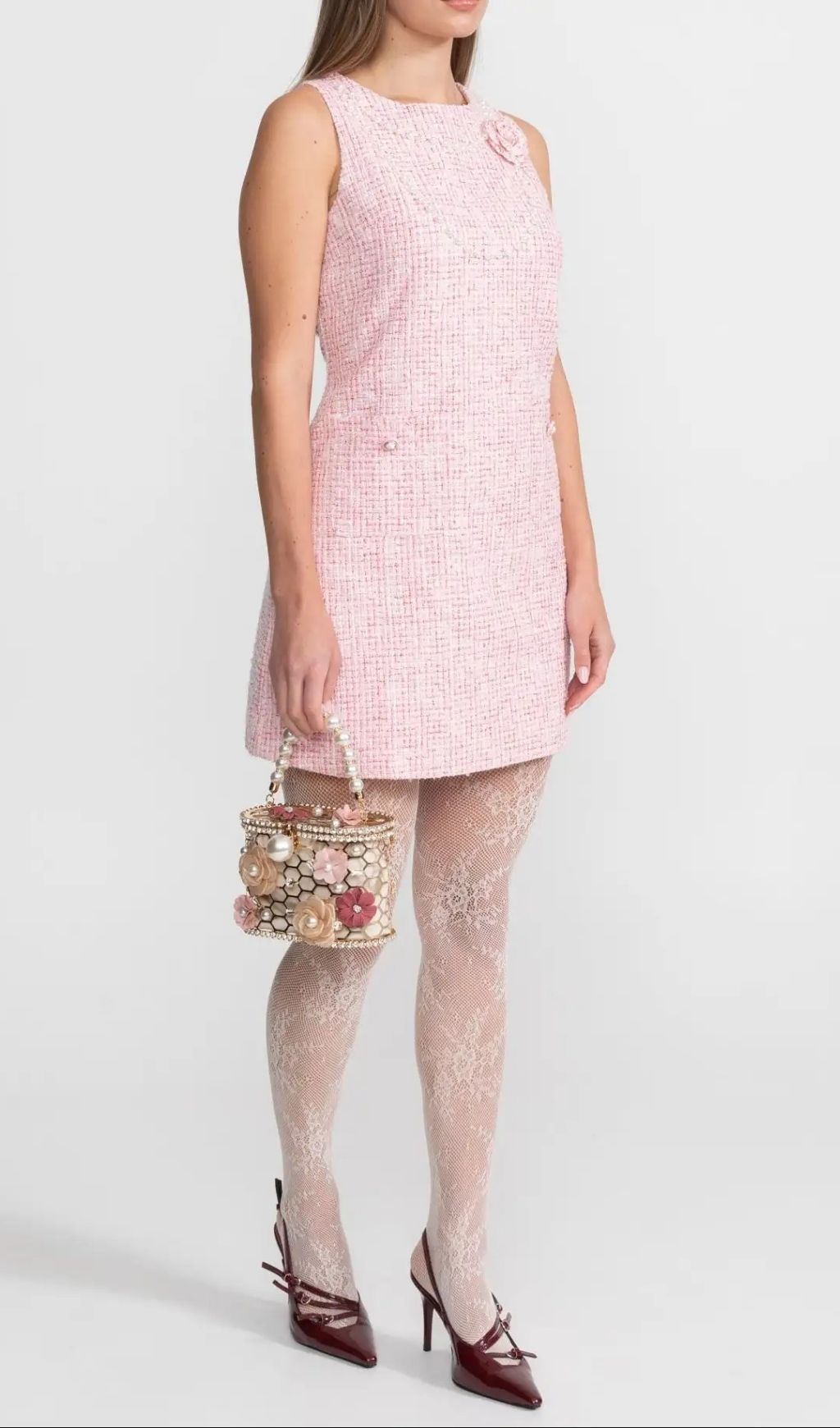 3cde1b1189c7668215fe979dbef2f820 Laurel Pink Flower Sleeveless Tweed Mini Dress With Pearl Trim