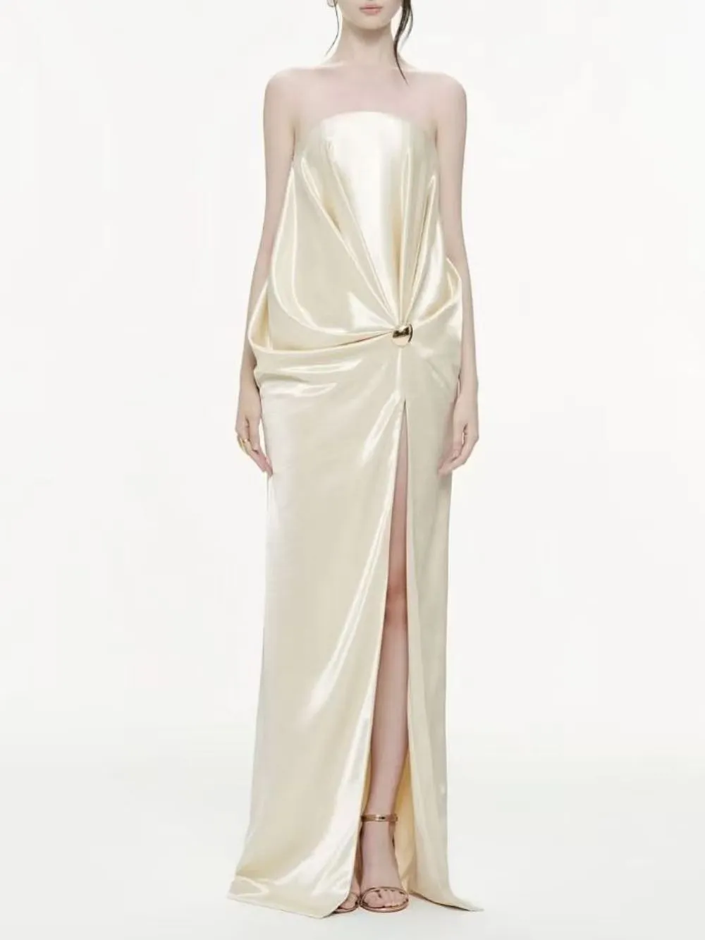 Macadrian Strapless Satin Ruched Maxi Dress