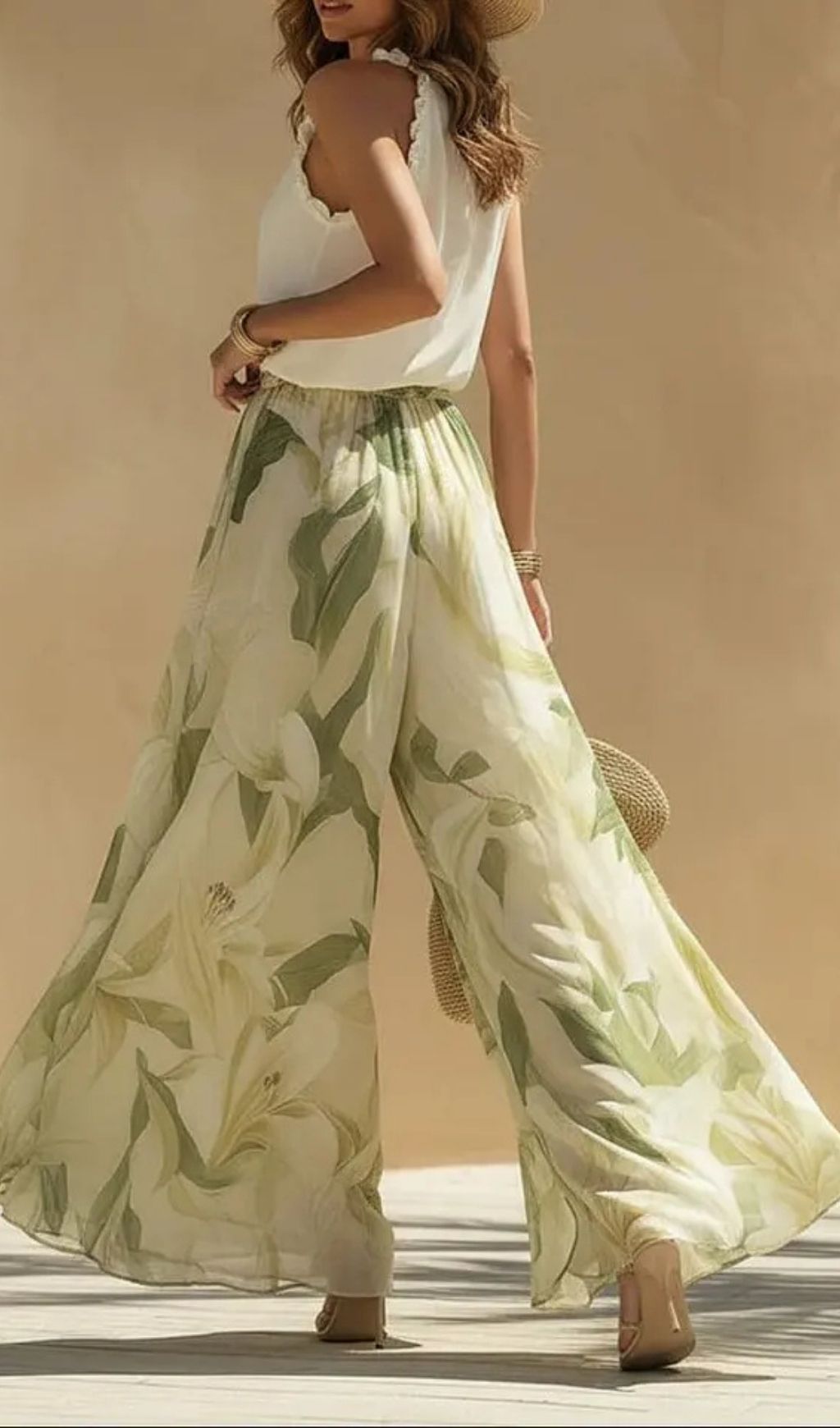 Vacation Chiffon Ruffled Sleeveless Top And Lily Print Pants Set